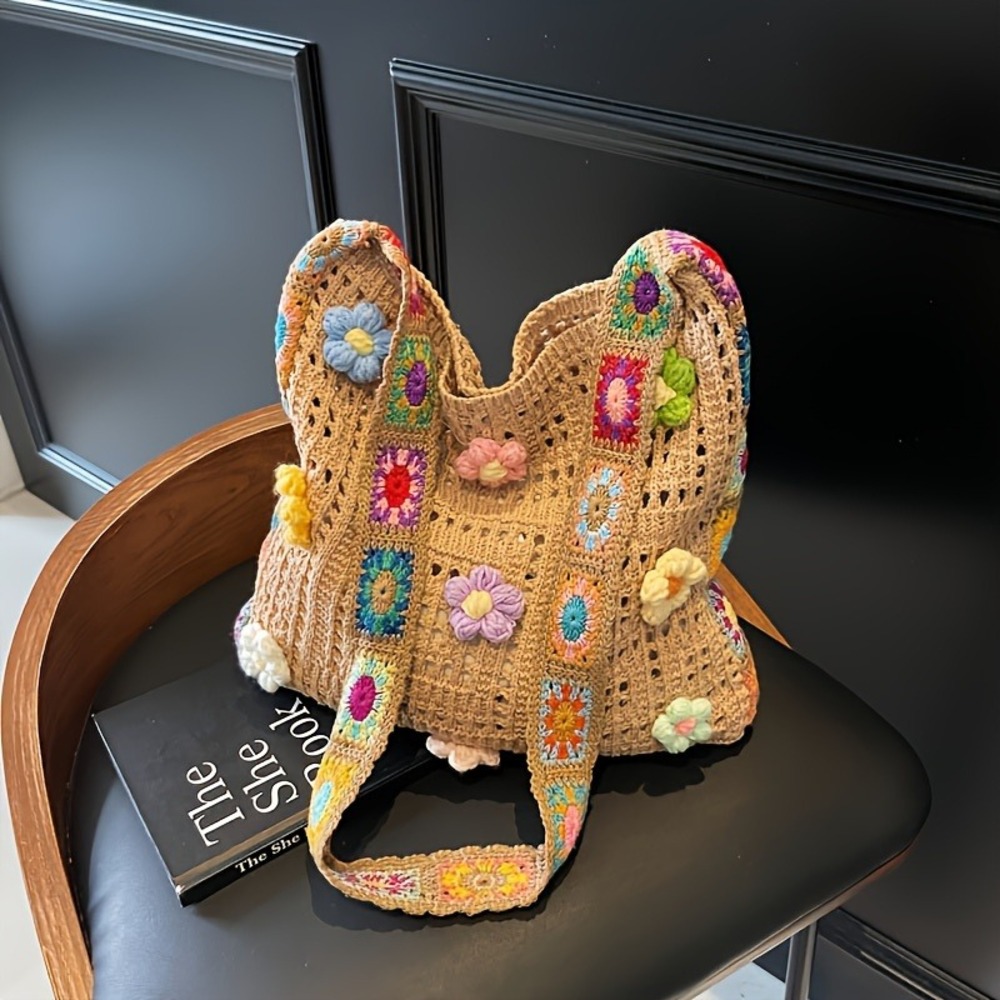 Boho Crochet Floral Granny Square Shoulder Bag Tan Flower Knit‎ Tote